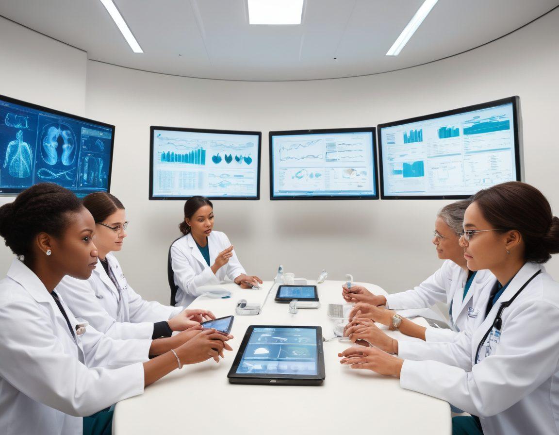 A diverse group of patients and healthcare professionals engaging in a collaborative discussion, surrounded by high-tech medical equipment and vibrant treatment options. The atmosphere radiates empowerment and hope, with visual elements like charts and health analytics in the background. Include symbols of community support and advanced treatments, like DNA helixes and heart rate monitors. super-realistic. vibrant colors. white background.