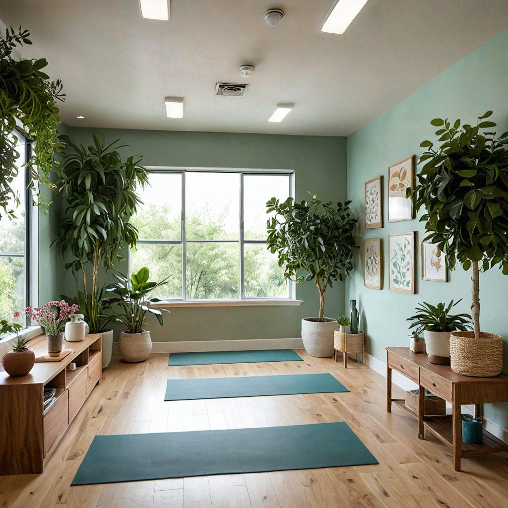 A serene and inviting health clinic interior filled with plants and calming colors, showcasing diverse medical professionals assisting patients, with images of holistic health practices on the walls. Include elements representing mental, physical, and emotional wellness such as yoga mats, healthy food displays, and informative brochures. The atmosphere should radiate positivity and support. super-realistic. vibrant colors. soft lighting.
