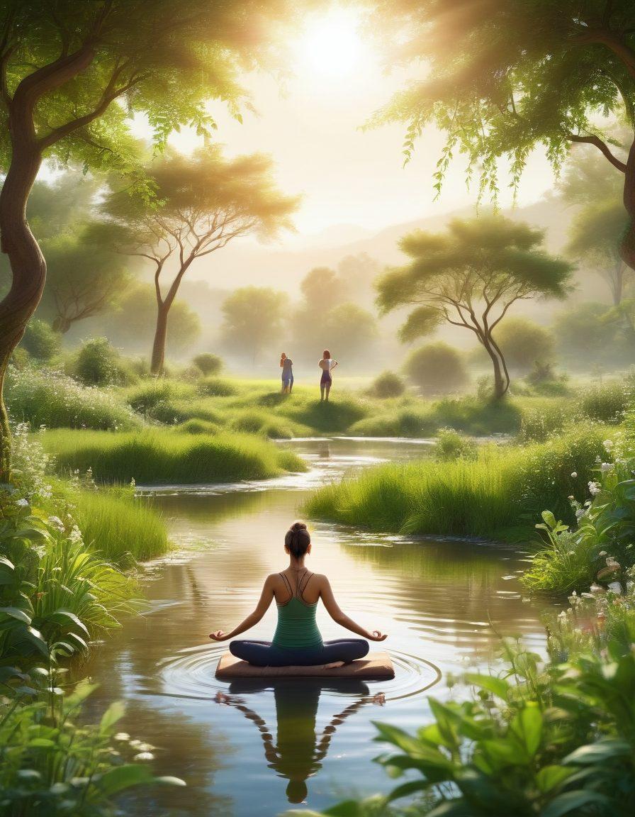 A serene landscape depicting a diverse group of people engaging in various health and wellness activities such as yoga, meditation, and community health sessions. Incorporate elements like green fields, flowing water, and warm sunlight to symbolize healing and well-being. Include medical symbols subtly integrated into nature, like a stethoscope entwined with vines. Soft, warm color palette. super-realistic. vibrant colors.